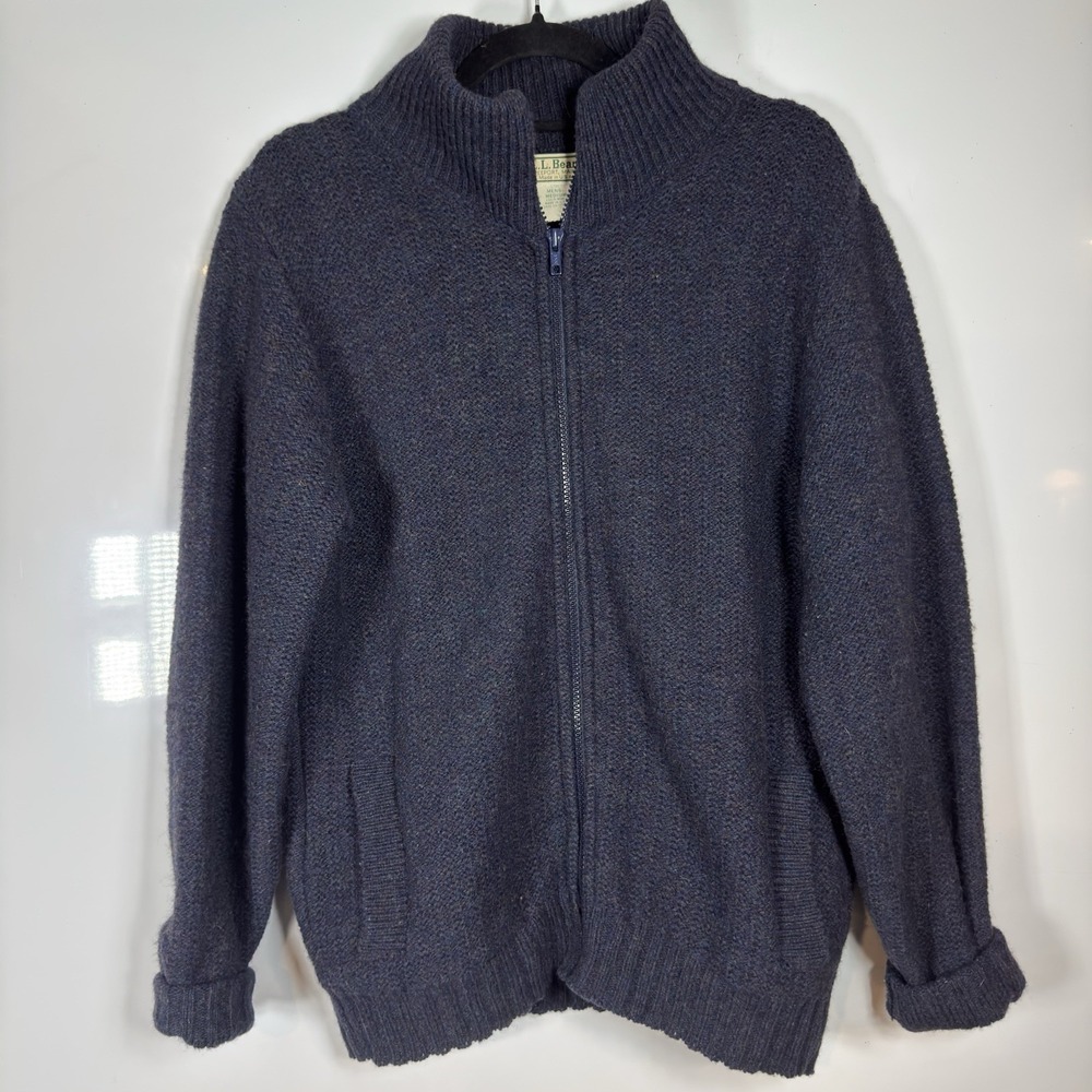 Vintage LL Bean Sweater Mens Medium Navy Wool Full Zip Cardigan Made USA 80s